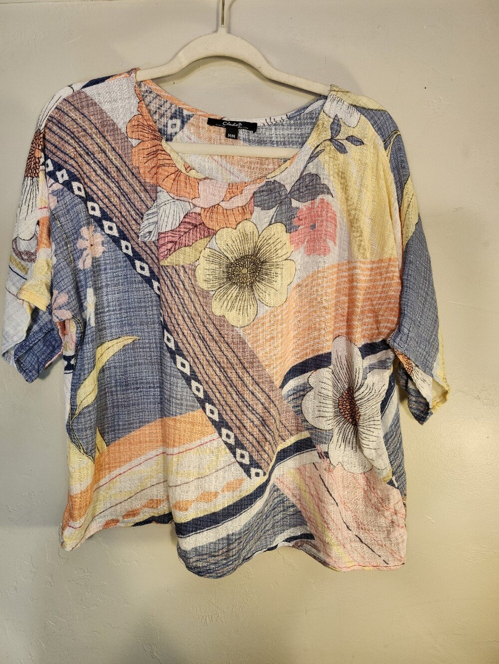 CHARLIE B Floral Stripe Short Sleeve Top — Blue, Yellow, Peach Cotton Blend